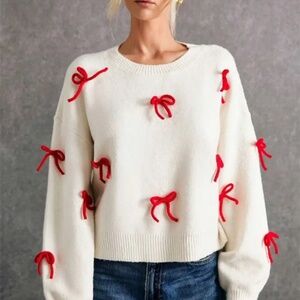 ✨ Cream Sweater with Red Bow Details | Cozy Statement Knit ✨